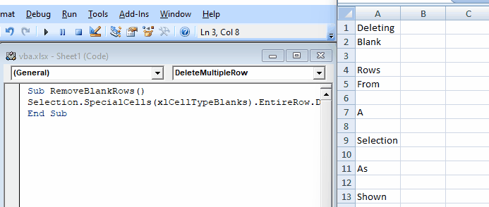 deleting blank rows in VBA code